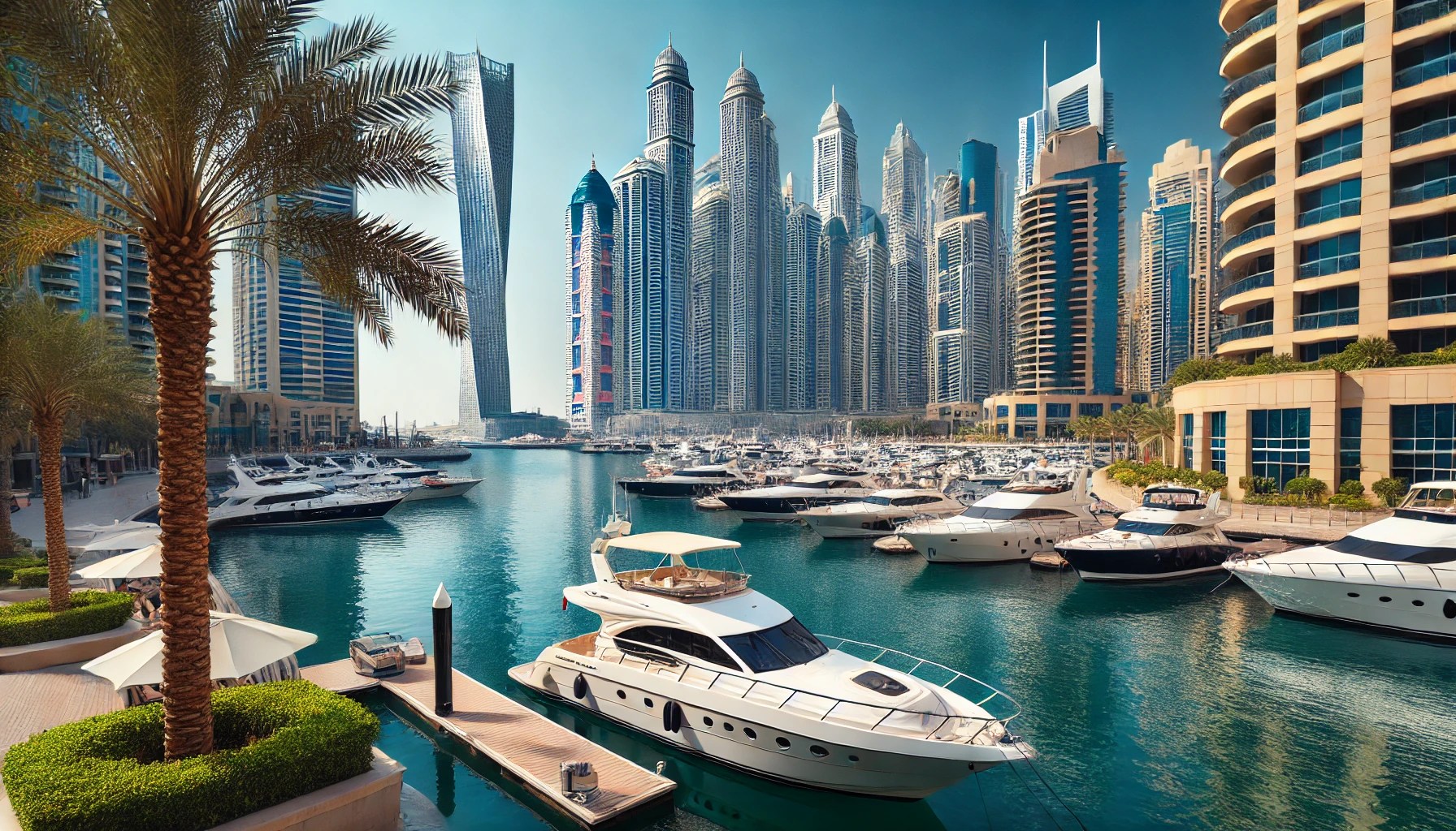 Yacht docked in Dubai Marina surrounded by skyscrapers. Image generated by DALL-E