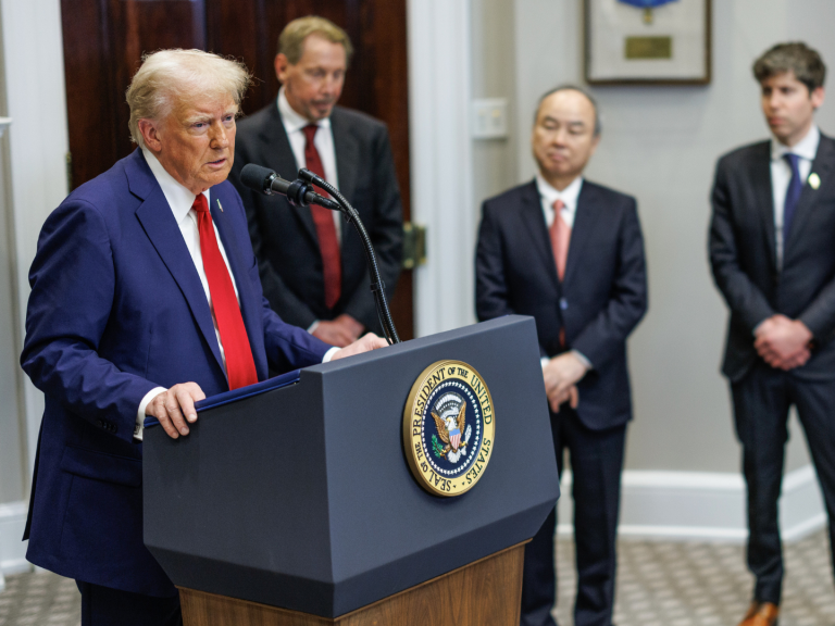 President Donald Trump announced a new AI initiative as Softbank CEO Masayoshi Son, Oracle CEO Larry Ellison, and Open AI CEO Sam Altman look on. Photo: Reuters