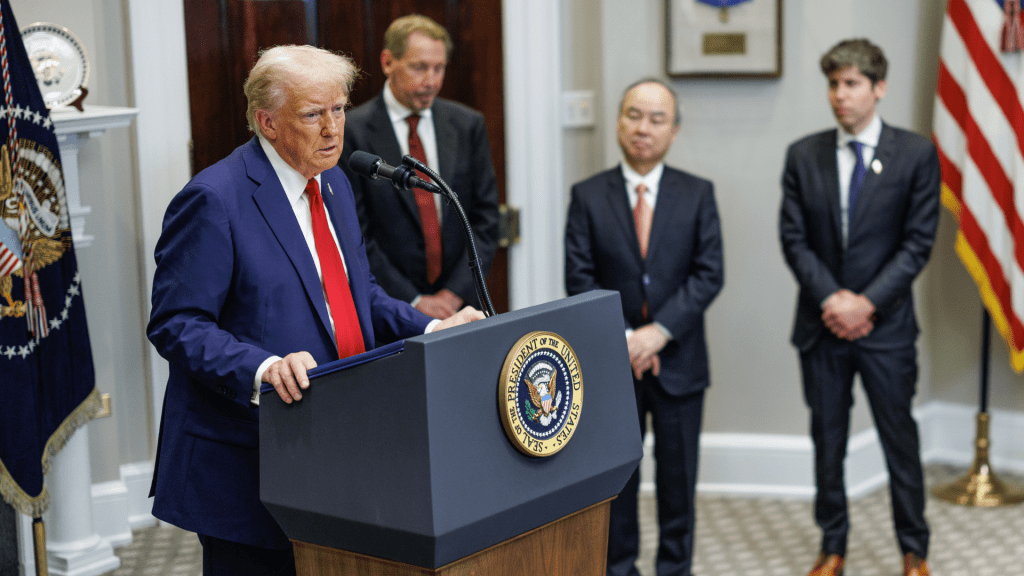 President Donald Trump announced a new AI initiative as Softbank CEO Masayoshi Son, Oracle CEO Larry Ellison, and Open AI CEO Sam Altman look on. Photo: Reuters